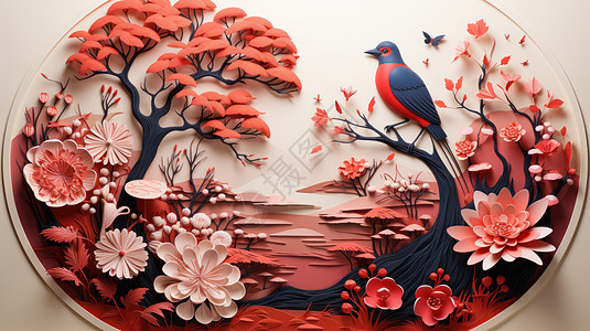 一只小鸟站在树枝上在开满鲜花的森林中剪纸风图片