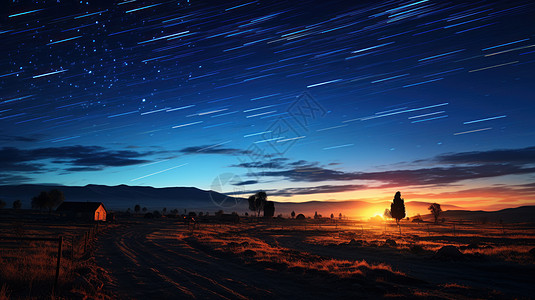 傍晚夜空傍晚唯美天空漂亮的流星雨插画