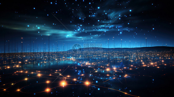 科幻神秘大地与天空的科技感发光粒子图片