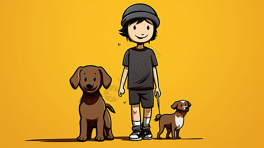 戴着帽子的卡通男孩与两只狗在散步图片