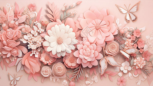 小清新唯美立体粉色卡通花朵与蝴蝶图片