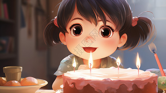 大眼睛卡通小女孩在点燃蜡烛的蛋糕前开心笑图片