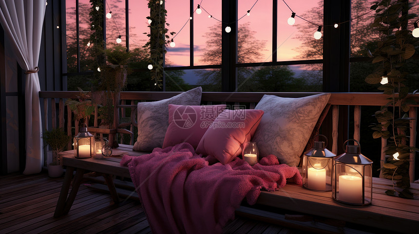 傍晚阳台木椅上亮着户外灯与温馨的抱枕和毯子图片