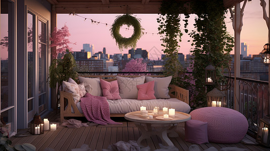 傍晚阳台上一把双人木椅温馨装饰休闲空间高清图片