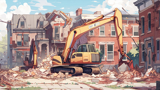 卡通工程车在木房子前施工拆房子图片