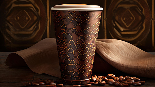 一杯纸杯咖啡与咖啡豆放在桌子上图片