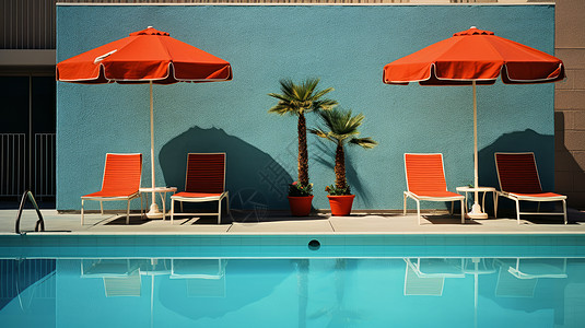 清澈的户外泳池旁几把红色休闲椅与太阳伞高清图片