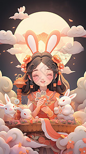 中秋节卡通嫦娥小仙女和玉兔背景图片