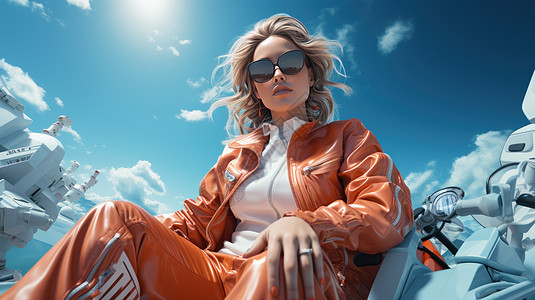 穿橙色皮衣在蓝天白云下的时尚女人图片