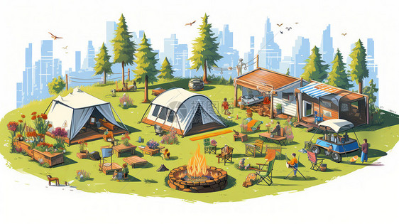 有篝火和露营车各种帐篷的卡通露营基地图片