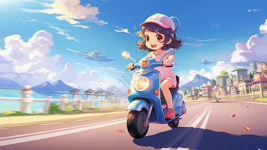 在城市道路上骑电动车的卡通小女孩高清图片