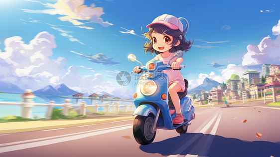 在城市道路上骑电动车的卡通小女孩图片