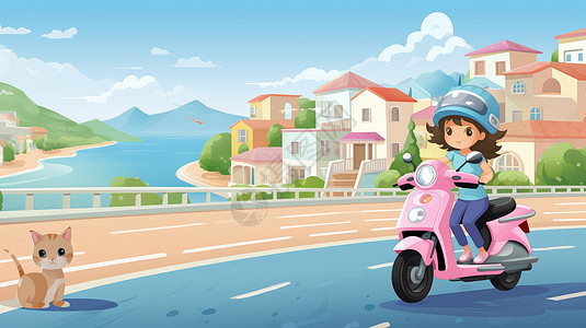 骑粉色电动车戴着头盔的卡通女孩路边一只卡通小猫高清图片