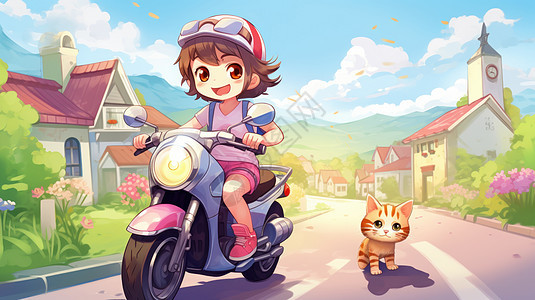 在乡村道路上骑电动车开心笑的卡通小女孩与一只奔跑的猫图片
