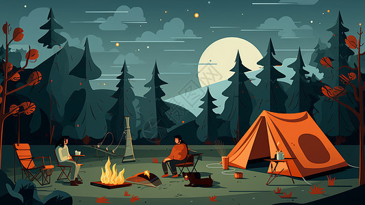 卡通露营夜晚在森林中帐篷外享受篝火的人图片