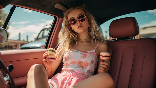 戴着墨镜手拿马卡龙饼干的时尚女孩坐在车内图片