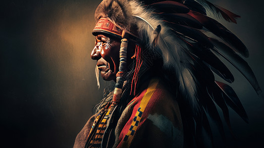 酋长头戴羽毛黝黑的皮肤皱纹深深的老人图片