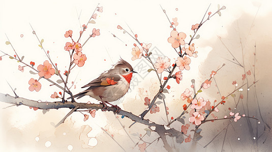 站在桃花枝上可爱的小鸟水墨风图片