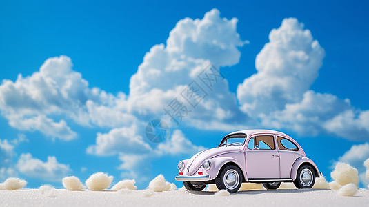 粉色可爱的小汽车在蓝天白云下的草地上图片