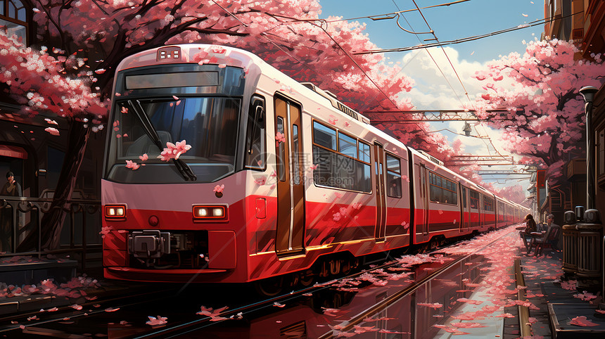 卡通火车从开满粉色花朵的树下开过图片