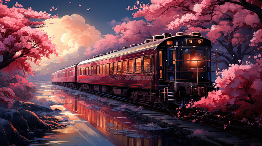 开满粉色花朵的树一列卡通火车正在开过图片