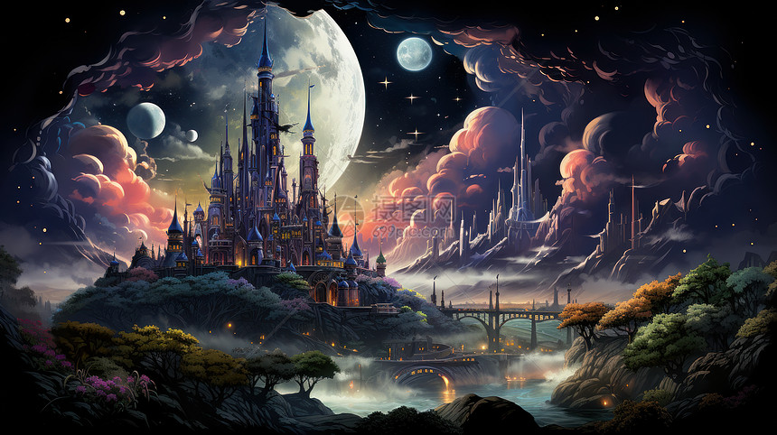 夜晚魔幻的星空下一座复古欧式卡通城堡图片