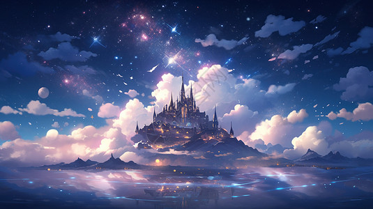 石家庄艺术中心夜晚湖中心一座魔幻的卡通城堡被云朵围绕插画
