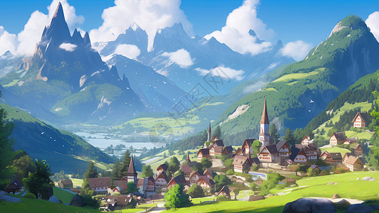 山坡上的卡通小村庄唯美的卡通山水风景图片