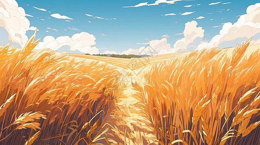 卡通金色麦子地中一条小路图片