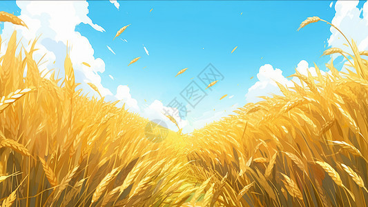 蓝天白云下的成熟的金色卡通麦子背景图片