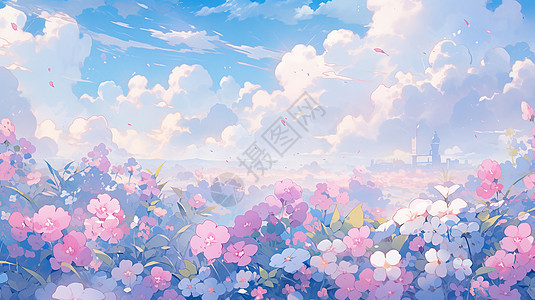 唯美一望无际开满鲜花的花田卡通风景背景图片