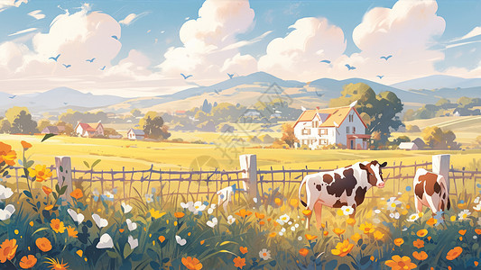 两只卡通奶牛在开满鲜花的农场草地上吃草图片
