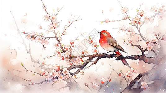 红色漂亮的水墨风卡通小鸟站在开满小花的树枝上图片