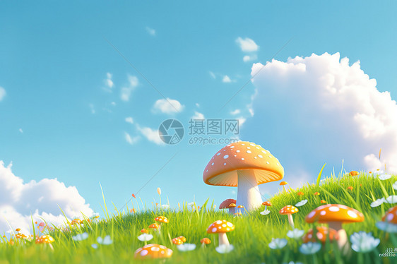 绿色草地上的大蘑菇游戏场景图片