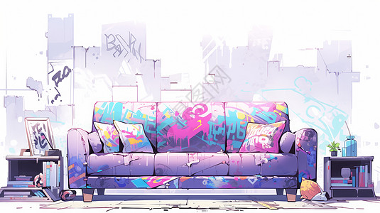 紫色卡通涂鸦沙发放在客厅图片