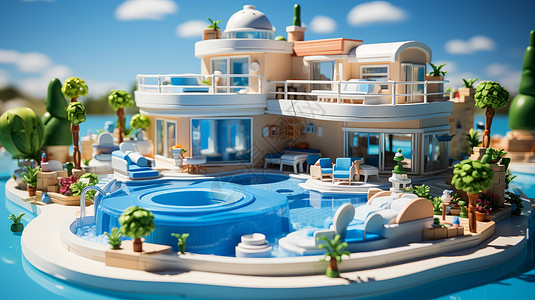 蓝色立体泳池美丽的卡通小别墅图片