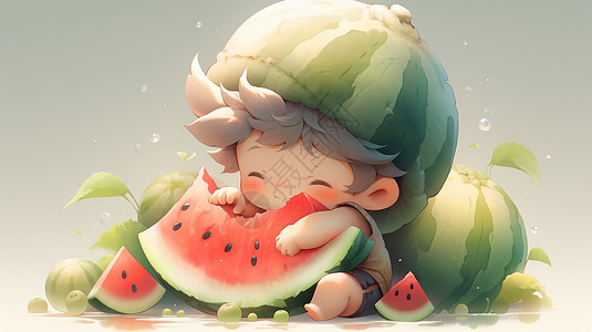 可爱的卡通小男孩在抱着西瓜吃西瓜高清图片