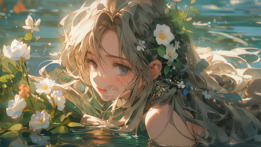 头戴花朵的二次元长发卡通女孩在水中游泳图片