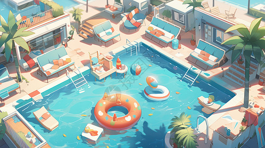 休闲可度假的蓝色卡通泳池飘着橙色游泳圈高清图片