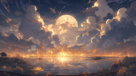 超大月亮在天上湖边热闹灯火通明的卡通城市图片