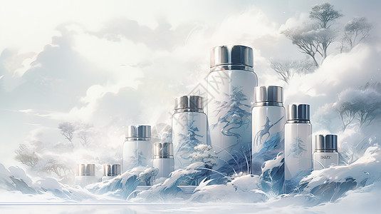 水乳套装唯美古典风在雪山中护肤品卡通插画