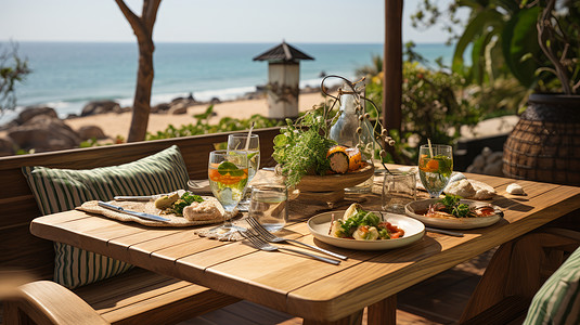 户外家具夏日度假海边的木质餐桌与美食插画