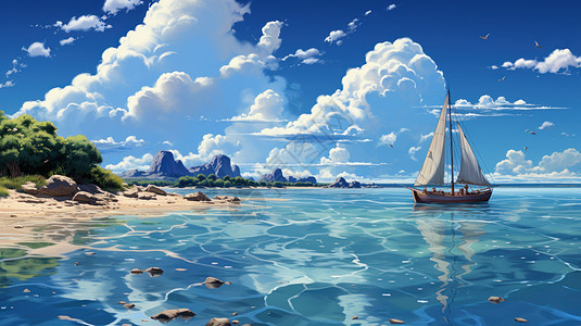 唯美夏天湛蓝的大海上行驶着一艘帆船卡通风景图片