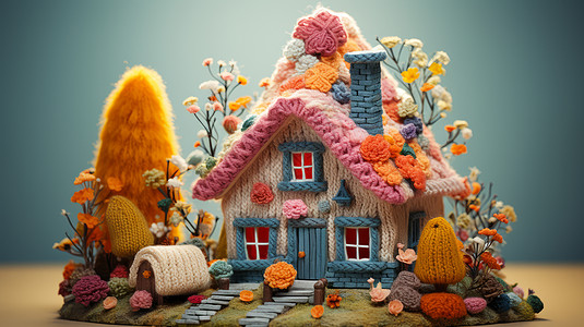 屋顶上长满花朵在小岛上立体可爱的毛线小房子图片