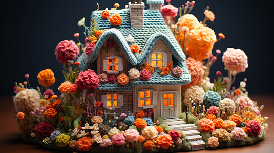 蓝色毛线屋顶的可爱小房子周边长满了小清新毛线花朵图片