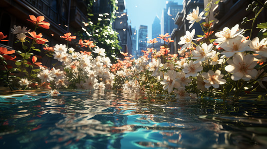 城市街道水塘中美丽的小清新花朵图片