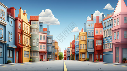 平坦的街道两旁漂亮的彩色卡通楼房图片