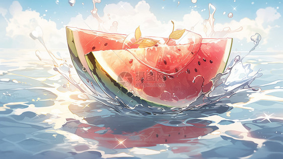 小清新卡通新鲜的西瓜掉在水中图片