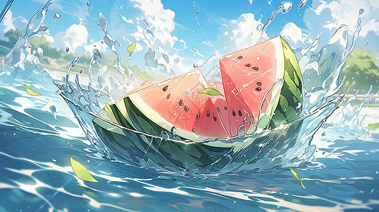新鲜的卡通西瓜掉在水中图片