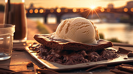 熔岩巧克力蛋糕阳光下桌子上的美味冰激凌蛋糕甜品背景